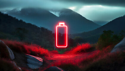 A glowing red battery icon in a mystical mountainous landscape