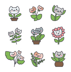Kawaii flower cat. Cute pet animal cartoon character. Hand drawn style. Vector drawing. Collection of design elements.