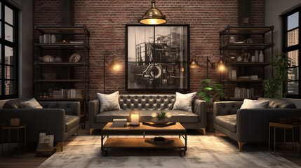Chic Urban Loft Living Room with Exposed Brick and Leather Couches - obrazy, fototapety, plakaty