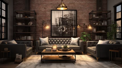 Fototapeten Chic Urban Loft Living Room with Exposed Brick and Leather Couches © Andrzej