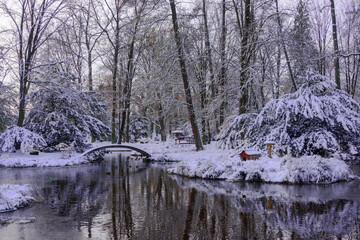 Park dworski w miejscowości Iłowa. Parkowy staw, jest zima, brzegi stawu i rosnące wokół niego drzewa i krzewy pokrywa warstwa śniegu. Na powierzchni wody miejscami jest sienka warstwa lodu.