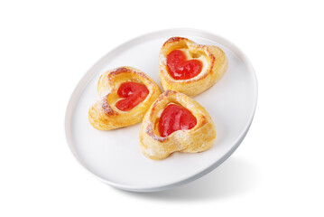 Strawberry jam cream cheese puff cake danish on a white isolated background