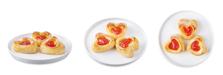 Strawberry jam cream cheese puff cake danish on a white isolated background
