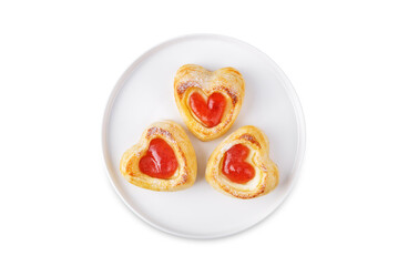 Strawberry jam cream cheese puff cake danish on a white isolated background