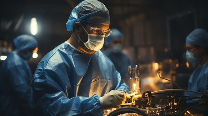 doctor and nurse medical team are performing surgical operation at emergency room in hospital. assistant hands out scissor and instruments to surgeons during operation. - obrazy, fototapety, plakaty