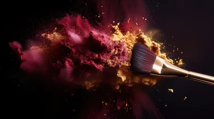 Fotobehang Makeup brush with bordeaux  red and golden powder explosion ,banner ,background   © Klay