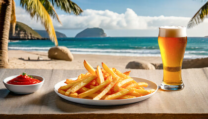 A glass of beer and french fries on a table in a paradisiacal beach.