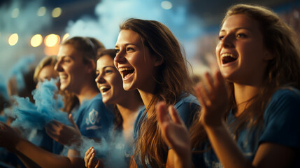 group of fans dressed in blue color watching a sports event in the stands of a stadium - obrazy, fototapety, plakaty