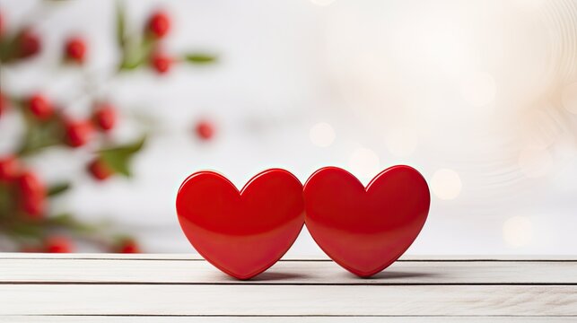 Romantic card for Valentine's Day. Two red hearts symbolizing love and relationships on a wooden background with space for text.