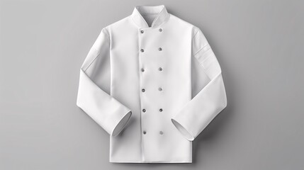A 3D-rendered mockup of a front view of an empty, white, buttoned chef uniform can be seen, isolated in a restaurant or hotel.