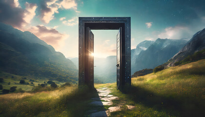Mystical frame portal in mountainous landscape