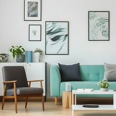 A modern living room with a mint green sofa, a white coffee table, a black armchair, a wooden floor