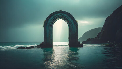 Mystical glowing portal door entrance on night beach - obrazy, fototapety, plakaty