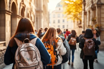 Back view of a group of young people with backpacks walking in the street, Back view of a group of students with backpacks walking on the street, A group of high school kids, AI Generated - obrazy, fototapety, plakaty