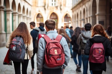 Back view of a group of young people with backpacks walking in the city, Back view of a group of students with backpacks walking on the street, A group of high school kids with, AI Generated - obrazy, fototapety, plakaty