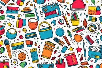 Back to school doodle seamless pattern. Vector illustration with school supplies, Back to school doodle seamless pattern, Hand-drawn background with school supplies and creative, AI Generated