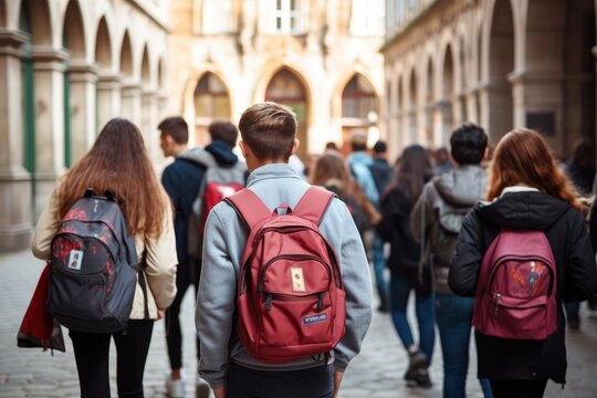 Back View Of A Group Of Young People With Backpacks Walking In The City, Back View Of A Group Of Students With Backpacks Walking On The Street, A Group Of High School Kids With, AI Generated