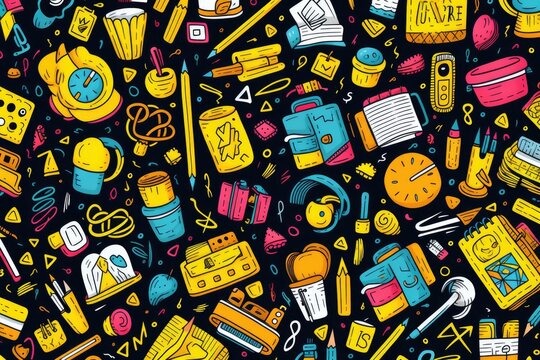 Back to school doodle seamless pattern. Vector illustration with school supplies, Back to school doodle seamless pattern, Hand-drawn background with school supplies and creative, AI Generated - Powered by Adobe
