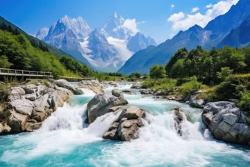 Gordijnen Mountain river in the Himalayas. Landscape with blue water, Baishui River also known as Baishui Tai, AI Generated © Ifti Digital