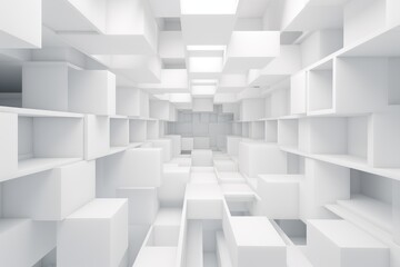 Abstract white interior background with empty shelves. 3d render illustration, Abstract white...