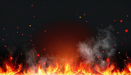 background with fire sparks embers and smoke overlay effect of burn coal grill hell or bonfire with flame glow flying red sparkles and fog on black background vector realistic border poster