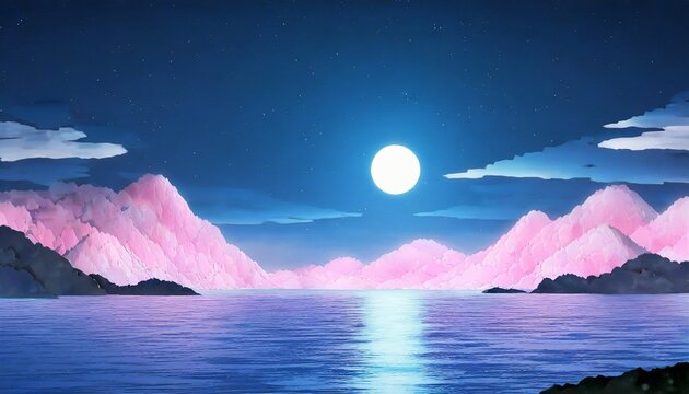 japanese anime style blue and pink sea at night 3d rendering picture