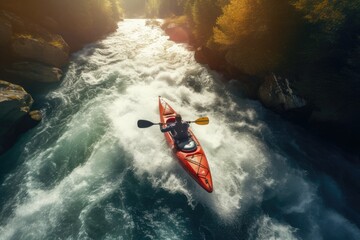 Aerial view of a kayak in the middle of a mountain river, Aerial top view of extreme sport kayak sailing down a mountain river with sunlight, AI Generated - obrazy, fototapety, plakaty
