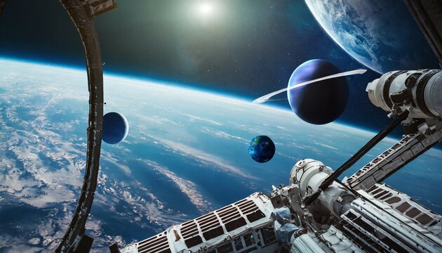 view from iss station blue planets in deep space