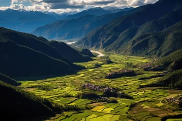 Zelfklevend Fotobehang Terraced rice field in Sapa, Lao Cai, Vietnam, Aerial view of Paro Valley  Bhutan, AI Generated © Ifti Digital