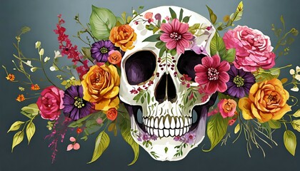 scary halloween skull decorated with many flowers