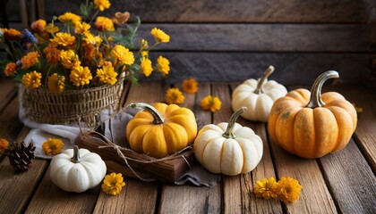 miniature pumpkins on rustic wood background simple natural country style fall autumn decorations