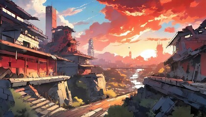 Fototapeta premium scene of a destroyed city in anime style with the sky red