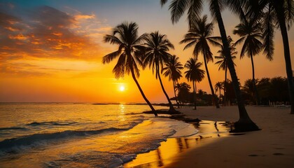 gorgeous tropical sunset over beach with palm tree silhouettes perfect for summer travel and vacation