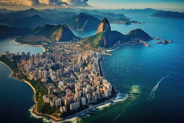 Aerial view of Rio de Janeiro with Sugarloaf Mountain, Brazil, Aerial view of Rio de Janeiro, AI Generated - obrazy, fototapety, plakaty