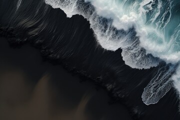 Aerial view of ocean waves breaking on black sand beach in Iceland, Aerial view of waves on the black sand beach, AI Generated © Ifti Digital