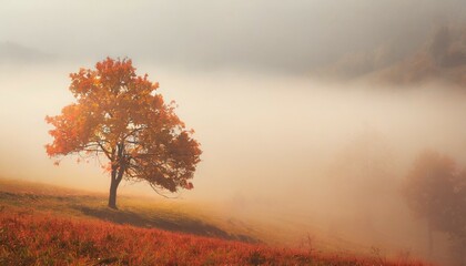 gentle minimal autumn landscape a tree that is in the fog whose leaves of warm red and yellow...