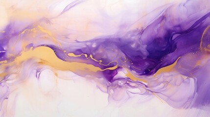 abstract liquid painting. marbled wallpaper background. purple gold swirls white painted splashes illustration.	