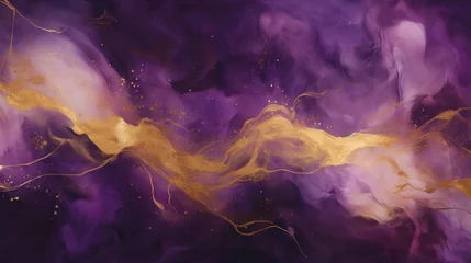 Foto op Canvas abstract liquid painting. marbled wallpaper background. purple gold swirls white painted splashes illustration.  © roei