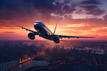 Airplane in the sky over the city at sunset. 3d render, Airplane in flight at twilight with a...