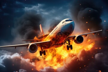Airplane in the fire. 3D illustration. Elements of this image furnished by NASA, Airplane with the...
