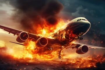Airplane in fire with smoke and flames. 3d illustration, Airplane with the engine on fire, a concept of aerial disaster, AI Generated