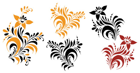 Several elements of patterns and ornaments in the Old Russian style. Vector sprigs of flowers and leaves. For cards, fabric, textiles, advertising, clothing, packaging. - obrazy, fototapety, plakaty