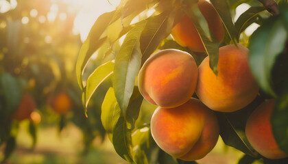 Ripe peaches on tree on farm