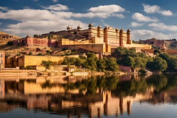 The Amber Fort in Jaipur, Rajasthan, India, Amber Fort and Maota Lake, Jaipur, Rajasthan, India, AI Generated - obrazy, fototapety, plakaty
