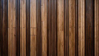 a wall of wooden slats in the color of dark wood with a pattern of wall panels in the background
