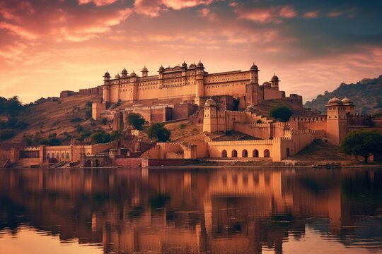 Amber Fort in Jaipur, Rajasthan, India, Amber Fort and Maota Lake, Jaipur, Rajasthan, India, AI Generated
