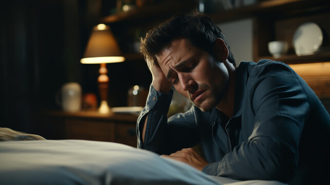 man suffering from headache desperate and stressed because pain and migraine. Hands on head.