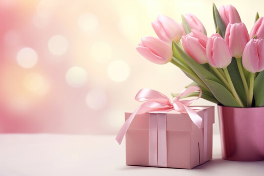 Bouquet of tulips and gift box on pink background