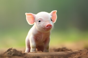 Adorable Young Pink Piglet Curiously Looking Up - Cute Animal Farm Photography - obrazy, fototapety, plakaty