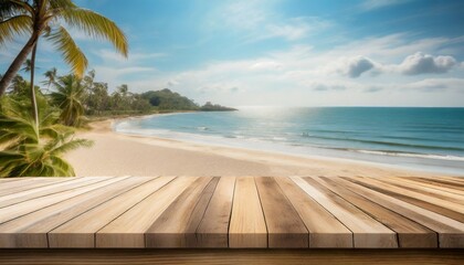 Fototapeta premium wood table top and blurred summer beach and sky background can used for display or montage your products